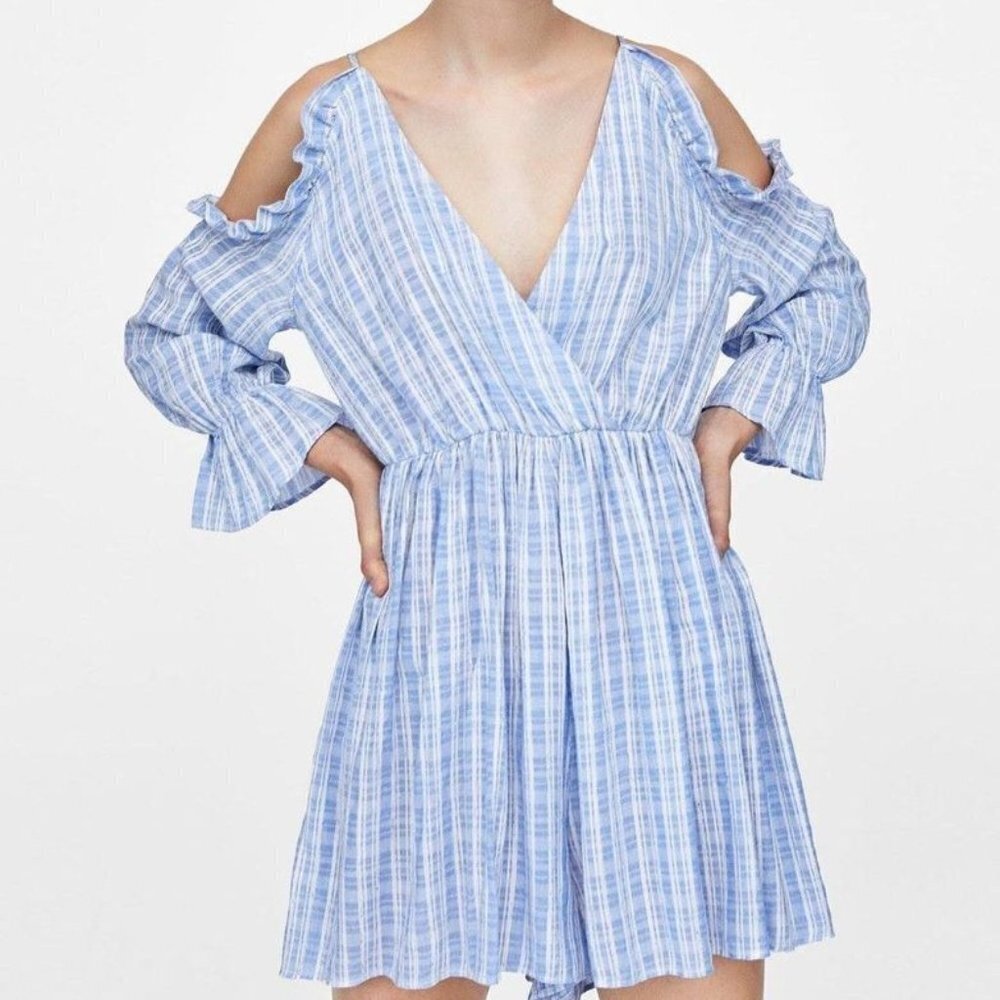 ZARA Basic Blue Wrap Cold Shoulder Wide Leg Romper